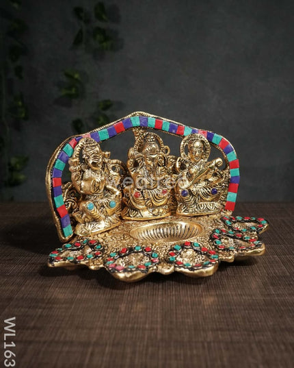 White Metal Lakshmi Ganesh Saraswathi Five Face Diya With Stone Work - Wl1635
