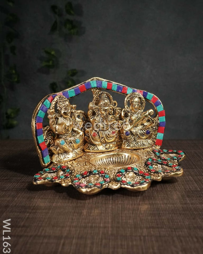 White Metal Lakshmi Ganesh Saraswathi Five Face Diya With Stone Work - Wl1635