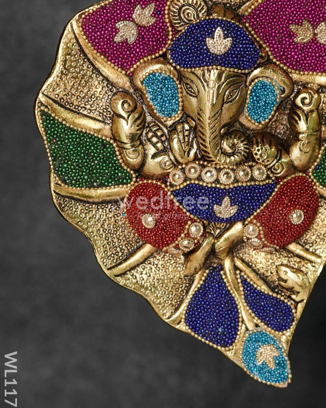 White Metal Leaf Ganesha With Colourful Beads - Large Wl1177