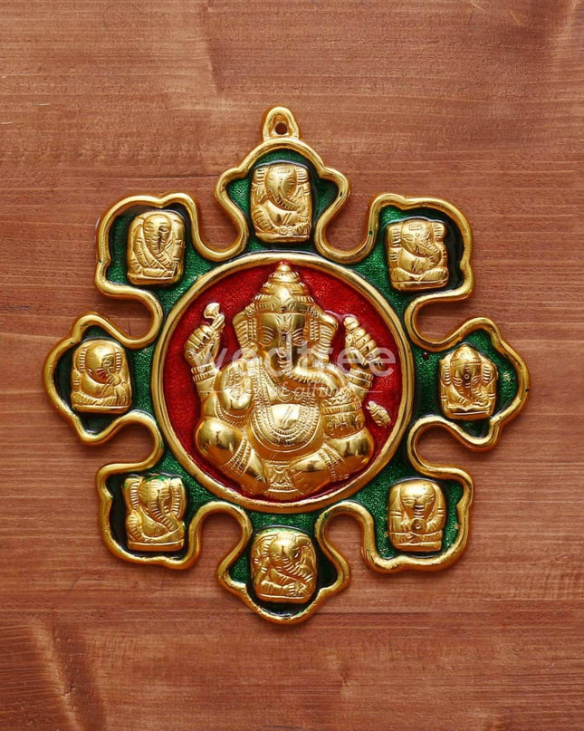 White Metal Nav Ganesha With Minakari Enamel Gold Finish- W3970 Home Decors