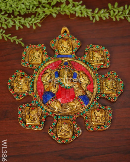 White Metal Navaganesha Wall Hanging With Multi-Colour Stone Work - Wl3867