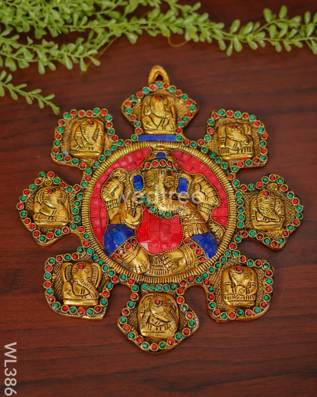 White Metal Navaganesha Wall Hanging With Multi-Colour Stone Work - Wl3867