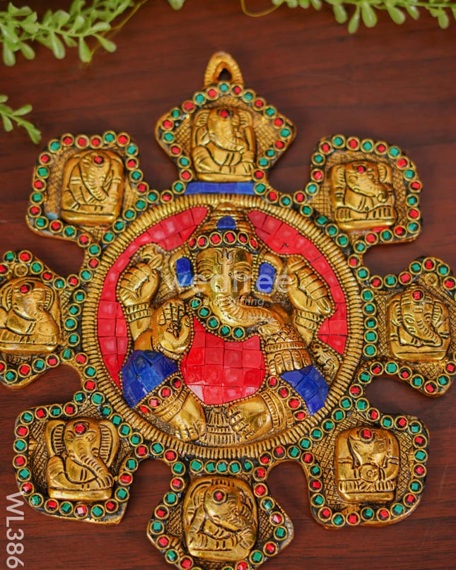 White Metal Navaganesha Wall Hanging With Multi-Colour Stone Work - Wl3867