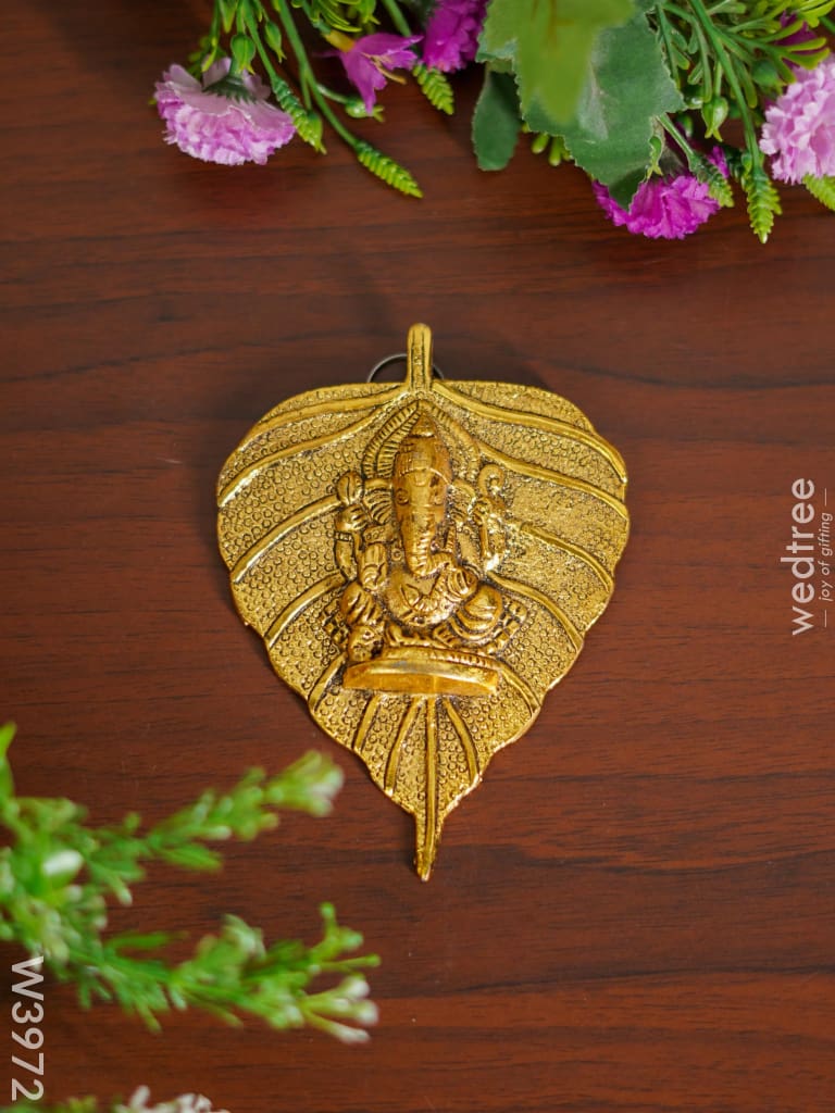 White Metal Pipal Leaf Ganesha Gold Finish - W3972 Divine Figurines
