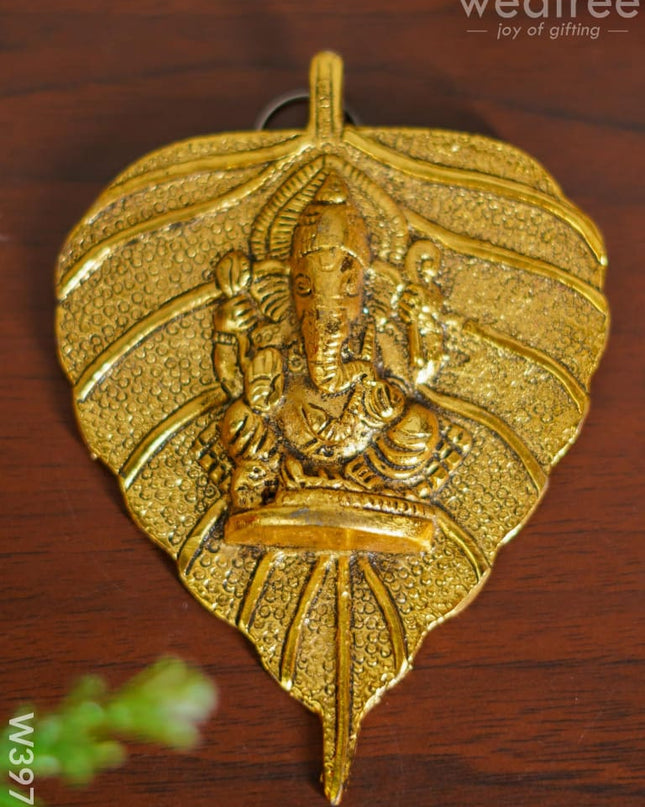 White Metal Pipal Leaf Ganesha Gold Finish - W3972 Divine Figurines