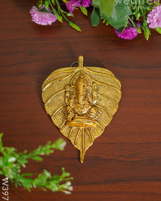 White Metal Pipal Leaf Ganesha Gold Finish - W3972 Divine Figurines