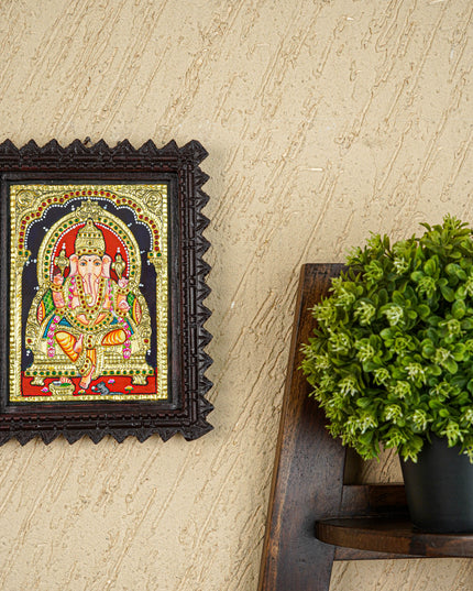 Tanjore Painting (Chettinad Frame) - Ganesha - Flat (Gold Foil) - 8x6 inch - WL2019