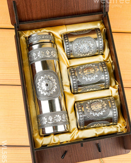 Wooden Annapakshi Box with Oxidized Bottle & 3 Glass - WL5852 - Bottles & mugs
