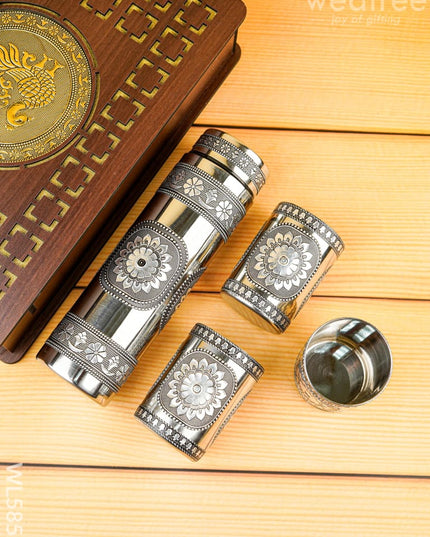 Wooden Annapakshi Box with Oxidized Bottle & 3 Glass - WL5852 - Bottles & mugs