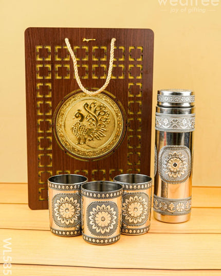 Wooden Annapakshi Box with Oxidized Bottle & 3 Glass - WL5852 - Bottles & mugs
