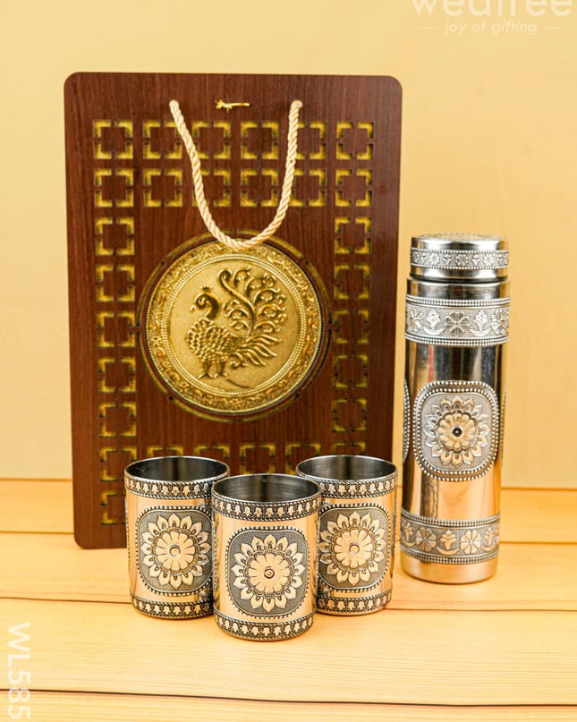 Wooden Annapakshi Box with Oxidized Bottle & 3 Glass - WL5852 - Bottles & mugs