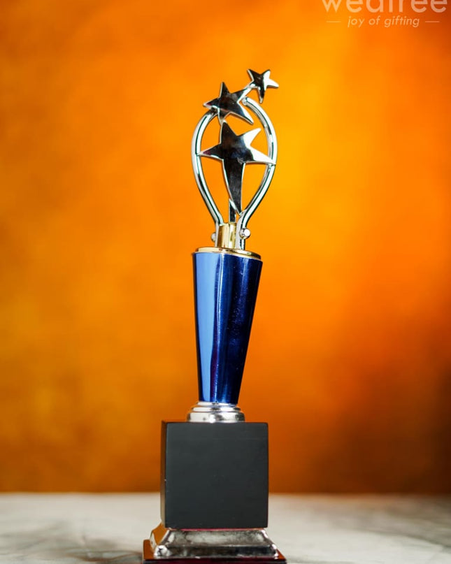 Wooden Blue Trophy With 3 Stars - Bcg0216 Branding