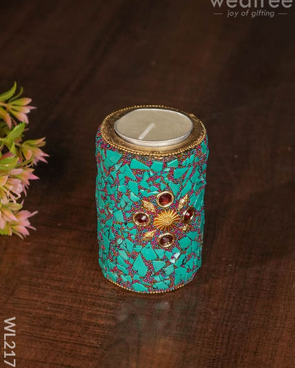 Wooden Candle Holder With Tile Work ( Set Of 3) - Wl2178 Candles And Votives