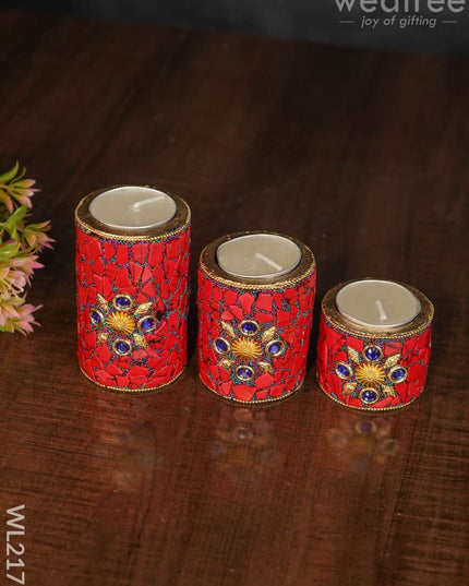 Wooden Candle Holder With Tile Work ( Set Of 3) - Wl2178 Candles And Votives