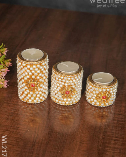 Wooden Candle Holder With Tile Work ( Set Of 3) - Wl2178 Candles And Votives