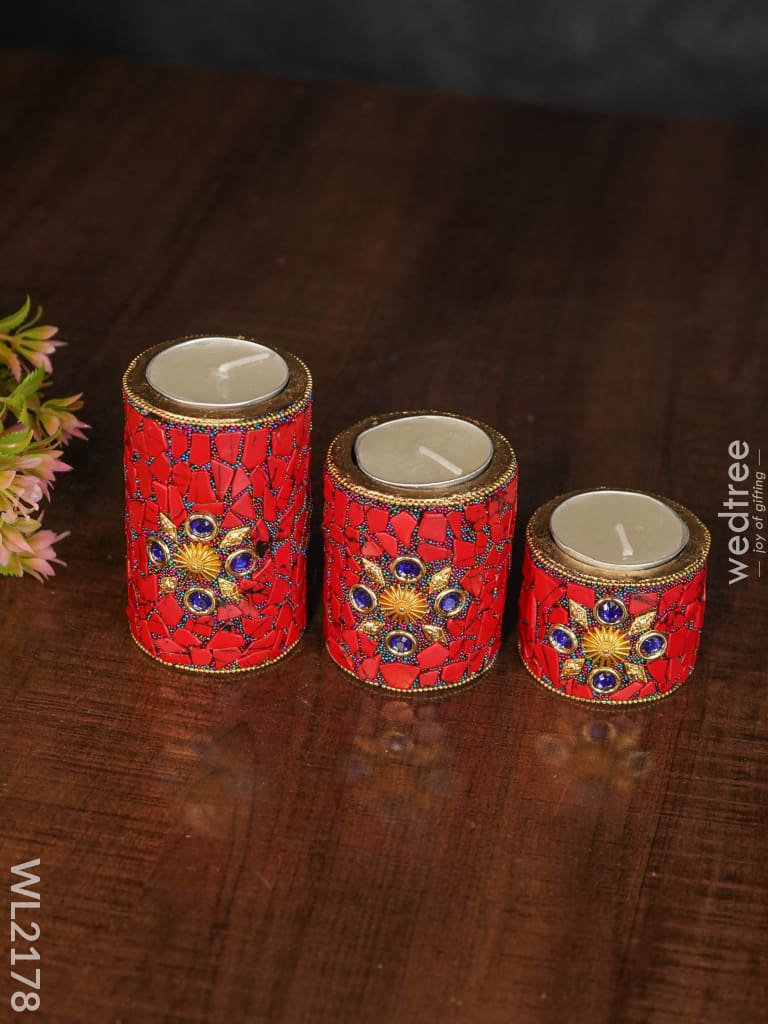 Wooden Candle Holder With Tile Work ( Set Of 3) - Wl2178 Candles And Votives