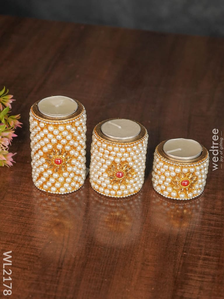 Wooden Candle Holder With Tile Work ( Set Of 3) - Wl2178 Candles And Votives