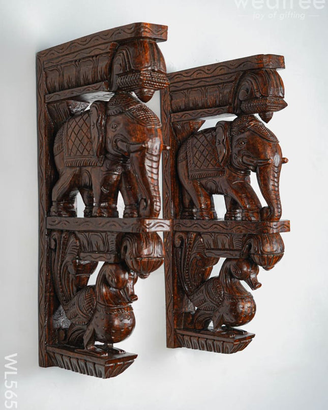 Wooden Carved Elephant with Annapakshi Wall Hanging Bracket - Set of 2 - 23 inch - WL5652 - Wooden Artifacts