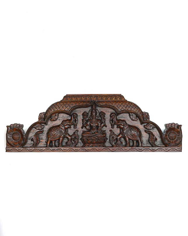 Wooden Carved Gajalakshmi Wall Hanging Panel - Brown - 36 inch - WL5631 - Wooden Artifacts