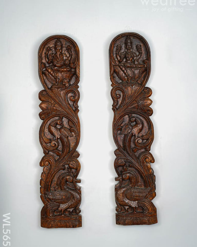 Wooden Carved Ganesha - Lakshmi Wall Hanging Panel - Set of 2 - 36 inch - WL5651 - Wooden Artifacts
