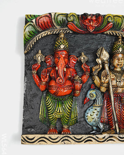 Wooden Carved Ganesha - Murugan Wall Hanging Frame - 12 inch - WL5645 - Wooden Artifacts