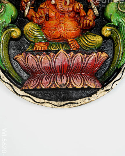 Wooden Carved Ganesha Round Frame - Orange - 12 inch - WL5620-2 - Wooden Artifacts