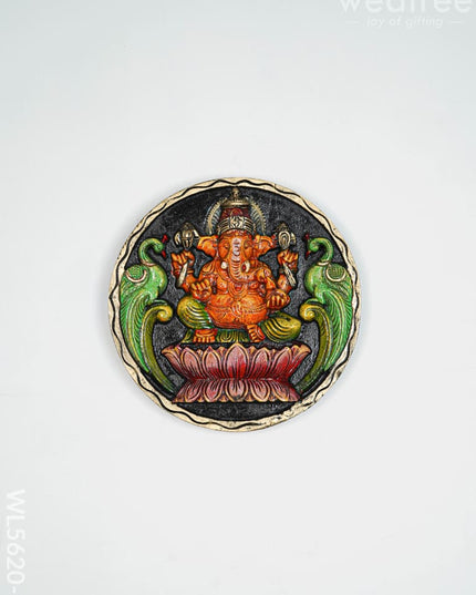 Wooden Carved Ganesha Round Frame - Orange - 12 inch - WL5620-2 - Wooden Artifacts