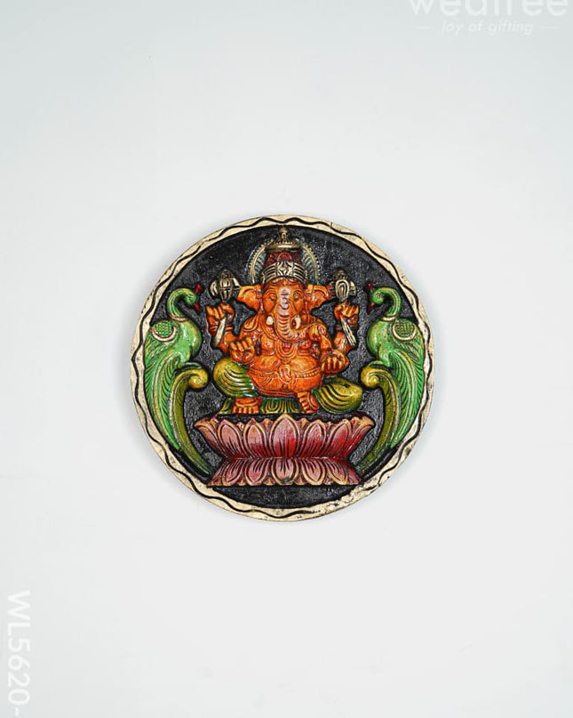 Wooden Carved Ganesha Round Frame - Orange - 12 inch - WL5620-2 - Wooden Artifacts