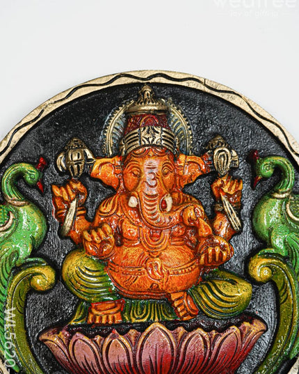 Wooden Carved Ganesha Round Frame - Orange - 12 inch - WL5620-2 - Wooden Artifacts
