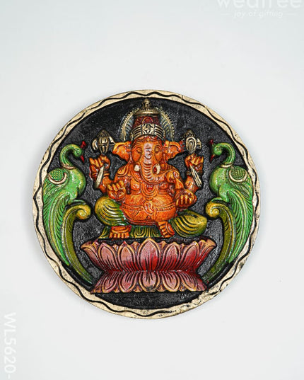 Wooden Carved Ganesha Round Frame - Orange - 12 inch - WL5620-2 - Wooden Artifacts