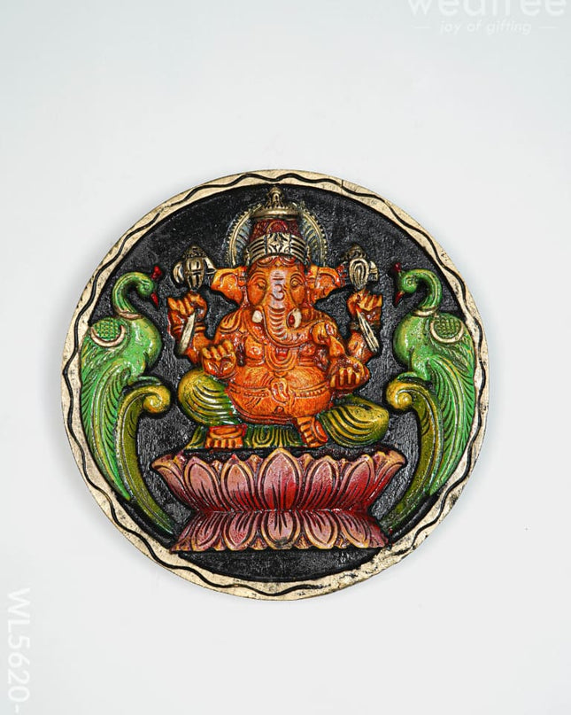 Wooden Carved Ganesha Round Frame - Orange - 12 inch - WL5620-2 - Wooden Artifacts