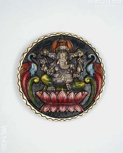 Wooden Carved Ganesha Round Frame - Purple - 12 inch - WL5620-1 - Wooden Artifacts
