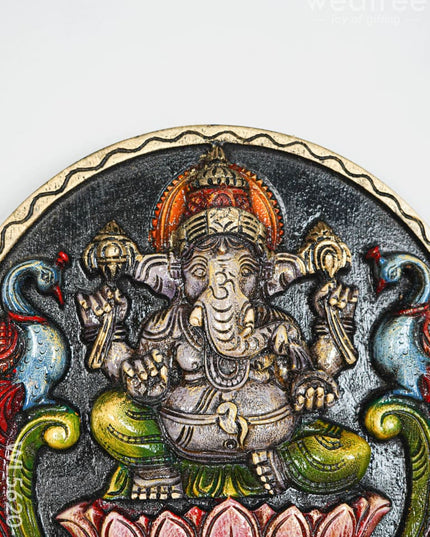 Wooden Carved Ganesha Round Frame - Purple - 12 inch - WL5620-1 - Wooden Artifacts