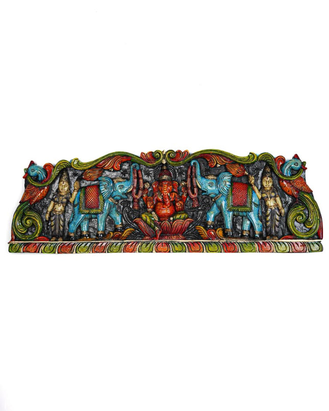 Wooden Carved Ganesha with Elephant Wall Hanging Panel - 35 inch - WL5629 - Wooden Artifacts