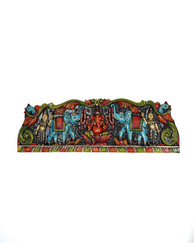 Wooden Carved Ganesha with Elephant Wall Hanging Panel - 35 inch - WL5629 - Wooden Artifacts