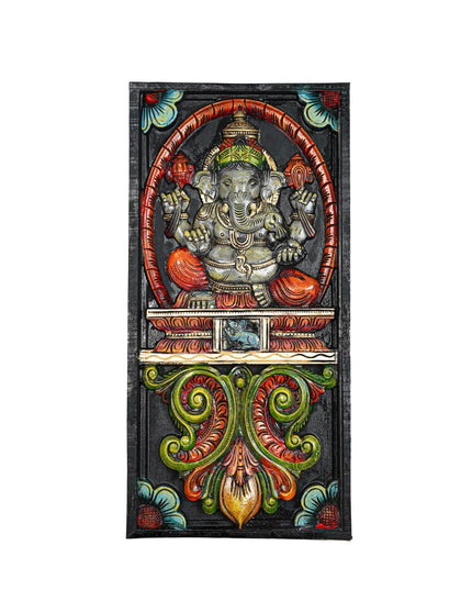 Wooden Carved Ganesha with Flower Design Wall Hanging Frame - 24 inch - WL5625 - Wooden Artifacts