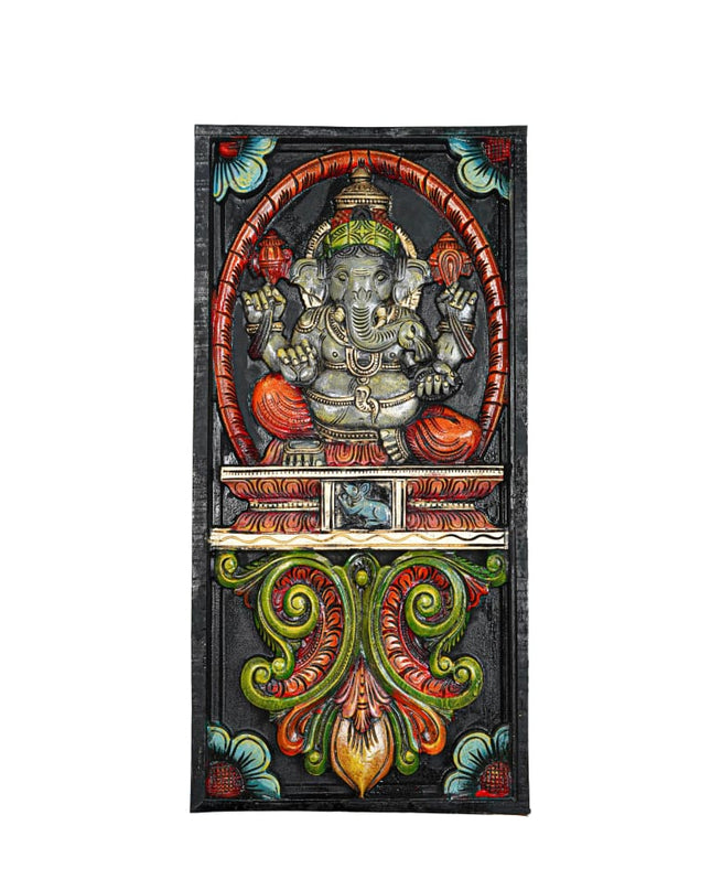 Wooden Carved Ganesha with Flower Design Wall Hanging Frame - 24 inch - WL5625 - Wooden Artifacts