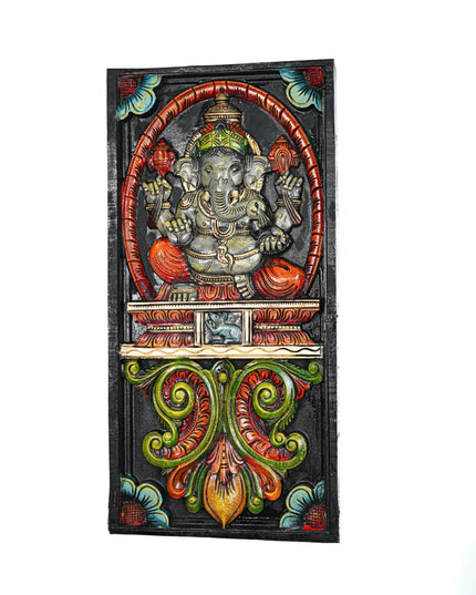 Wooden Carved Ganesha with Flower Design Wall Hanging Frame - 24 inch - WL5625 - Wooden Artifacts
