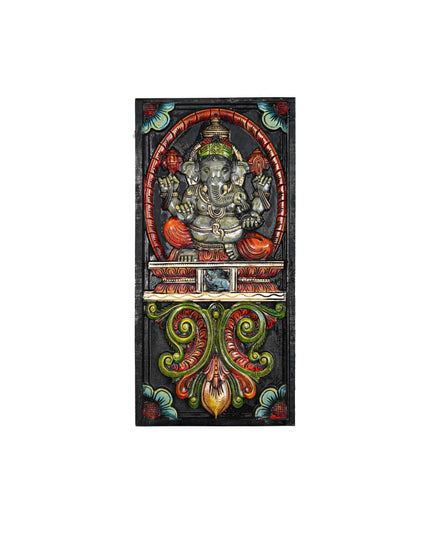 Wooden Carved Ganesha with Flower Design Wall Hanging Frame - 24 inch - WL5625 - Wooden Artifacts
