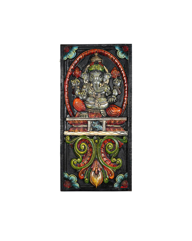 Wooden Carved Ganesha with Flower Design Wall Hanging Frame - 24 inch - WL5625 - Wooden Artifacts