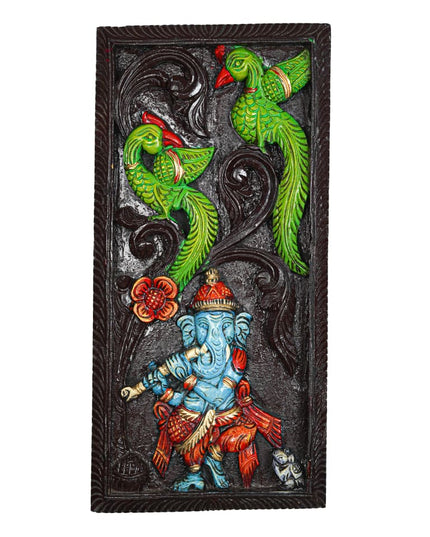 Wooden Carved Ganesha with Parrot Wall Hanging Frame - 24 inch - WL5623 - Wooden Artifacts