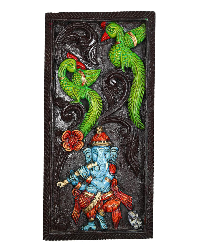 Wooden Carved Ganesha with Parrot Wall Hanging Frame - 24 inch - WL5623 - Wooden Artifacts