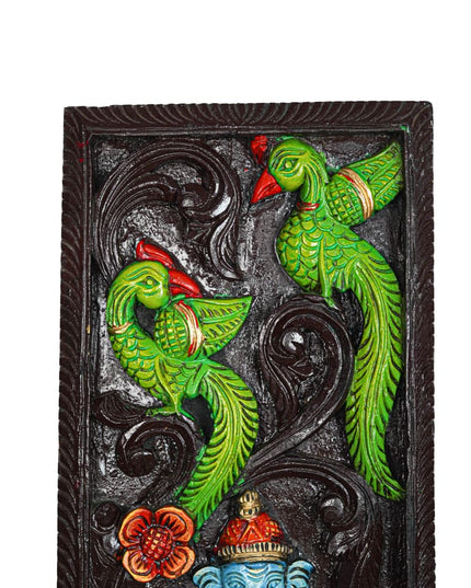 Wooden Carved Ganesha with Parrot Wall Hanging Frame - 24 inch - WL5623 - Wooden Artifacts