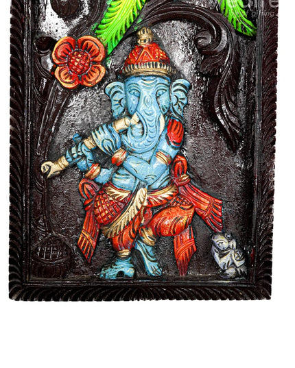 Wooden Carved Ganesha with Parrot Wall Hanging Frame - 24 inch - WL5623 - Wooden Artifacts