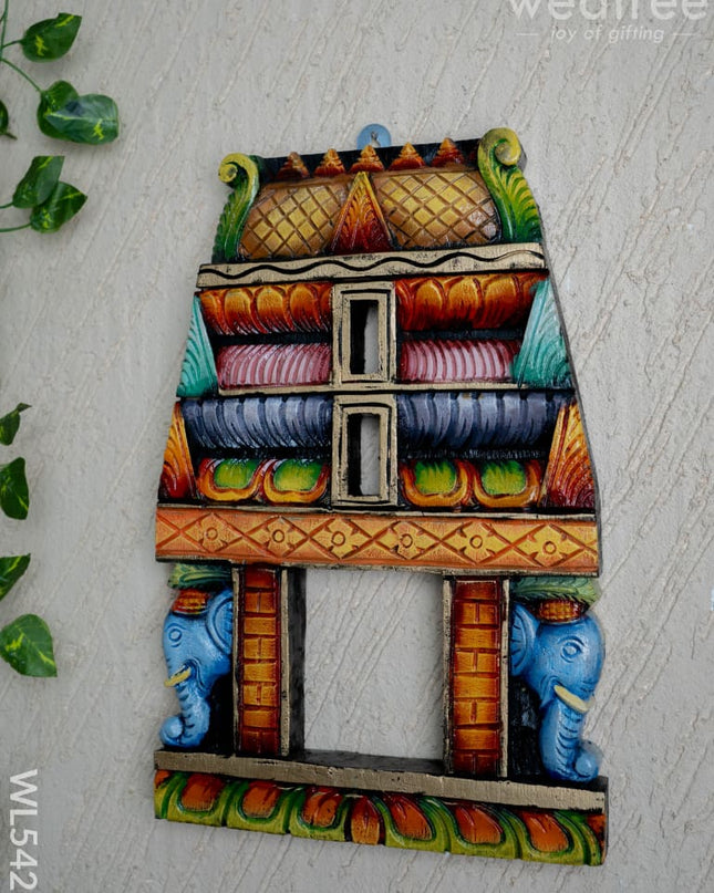 Wooden Carved - Kovil Gopuram with Elephant Wall Hanging - 15 inch - WL5425 - Wooden Artifacts