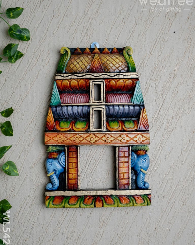 Wooden Carved - Kovil Gopuram with Elephant Wall Hanging - 15 inch - WL5425 - Wooden Artifacts