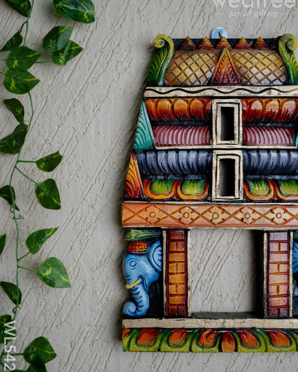 Wooden Carved - Kovil Gopuram with Elephant Wall Hanging - 15 inch - WL5425 - Wooden Artifacts