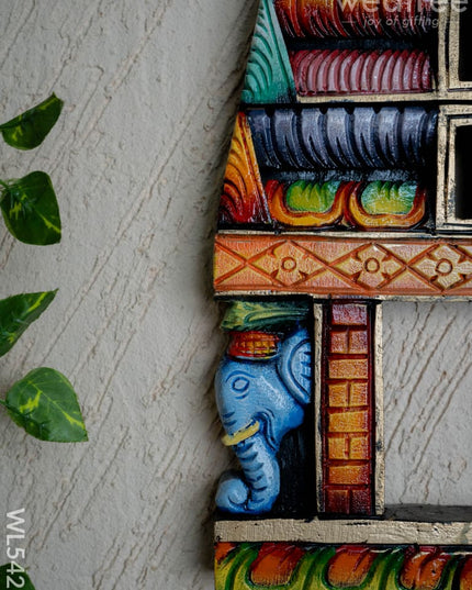 Wooden Carved - Kovil Gopuram with Elephant Wall Hanging - 15 inch - WL5425 - Wooden Artifacts