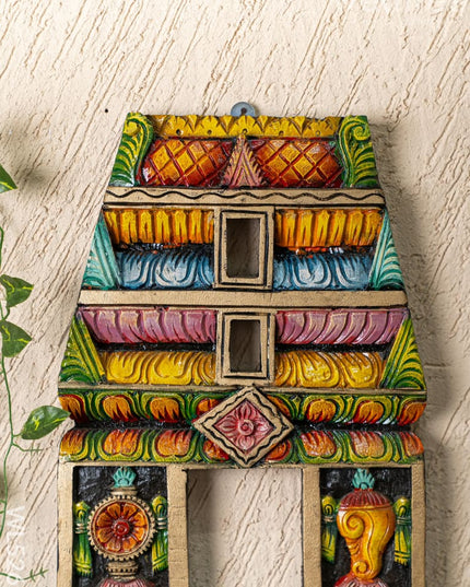 Wooden Carved - Kovil Gopuram with Shankh Chakra Wall Hanging - 18 inch - WL5266 - Wooden Artifacts