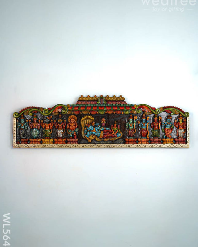Wooden Carved Maha Vishnu - Dasavatharam Wall Hanging Panel - 60 inch - WL5640 - Wooden Artifacts